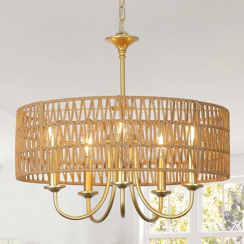 Lustre bohème en rotin doré à 5 lumières