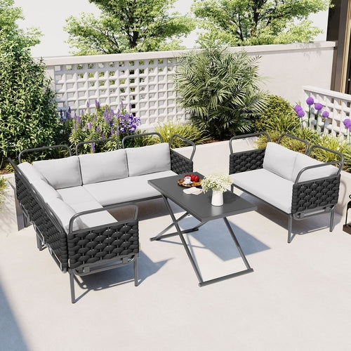 LuneluX_Home – Salon extérieur sectionnel 7 places avec table en verre
