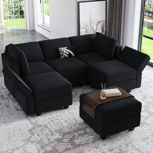 Canapé sectionnel modulable en velours avec méridienne pour salon