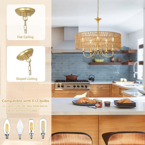 Lustre bohème en rotin doré à 5 lumières