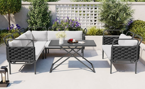 LuneluX_Home – Salon extérieur sectionnel 7 places avec table en verre