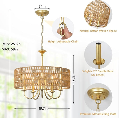 Lustre bohème en rotin doré à 5 lumières