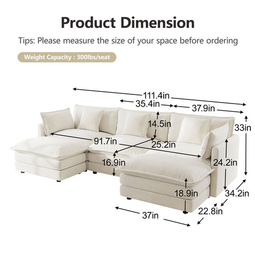 Canapé sectionnel en U avec repose-pieds réversible, convertible 5 places