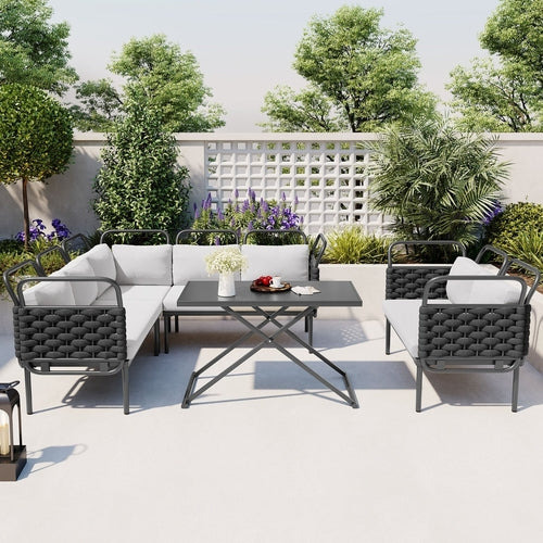 LuneluX_Home – Salon extérieur sectionnel 7 places avec table en verre